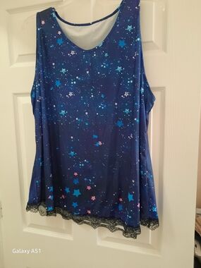 Galaxy Star Print Sleeveless Tunic - Navy & Teal Black Lace Hem